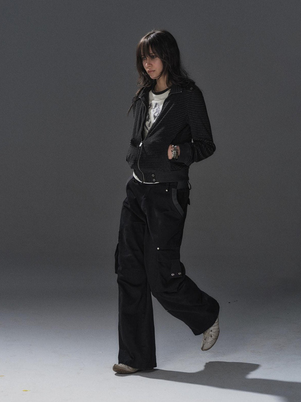 wear And tear Black Grey Striped Punk Stand Collar Ribbed Hem Lightweight Women's Casual Jackets