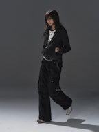 wear And tear Black Grey Striped Punk Stand Collar Ribbed Hem Lightweight Women's Casual Jackets