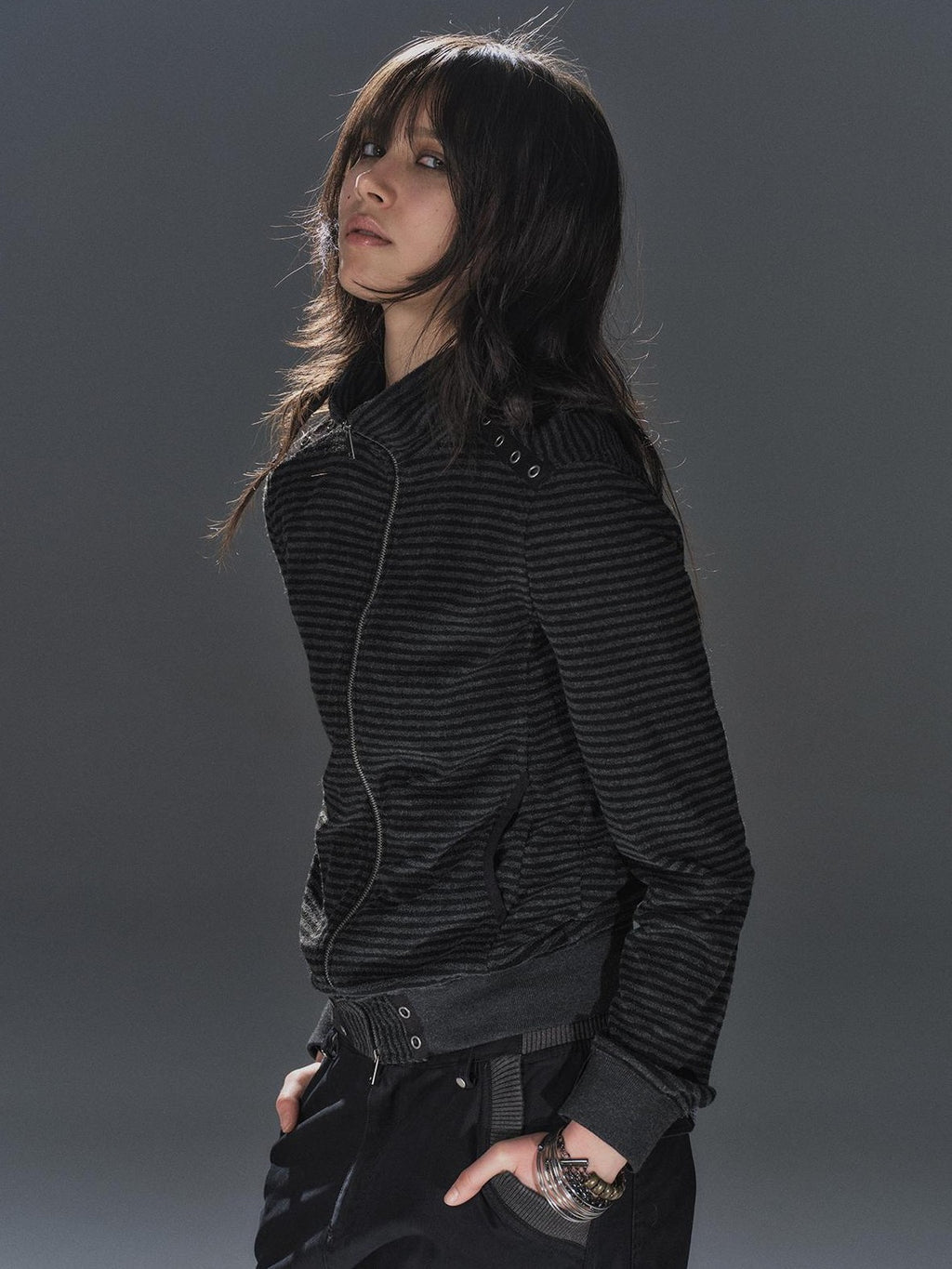 wear And tear Black Grey Striped Punk Stand Collar Ribbed Hem Lightweight Women's Casual Jackets