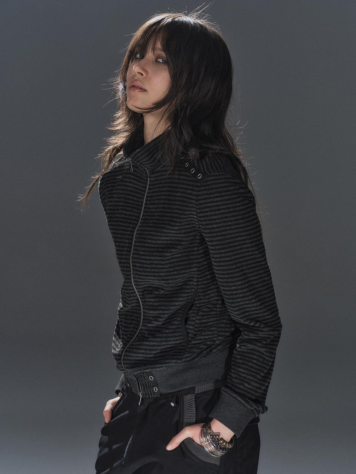 wear And tear Black Grey Striped Punk Stand Collar Ribbed Hem Lightweight Women's Casual Jackets