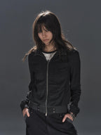 wear And tear Black Grey Striped Punk Stand Collar Ribbed Hem Lightweight Women's Casual Jackets