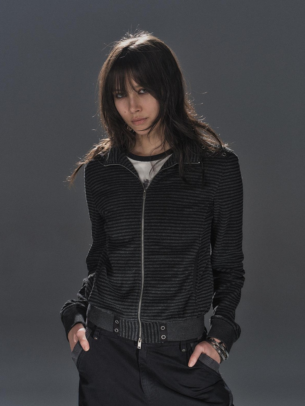 wear And tear Black Grey Striped Punk Stand Collar Ribbed Hem Lightweight Women's Casual Jackets