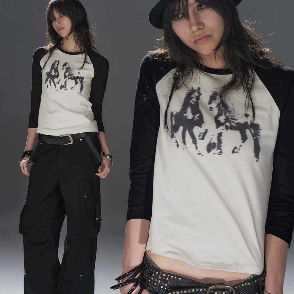 wear_And_tear_Black_White_Color_Block_Pony_Print_Raglan_Sleeve_Slim_Fit_Women's_Cotton_Long_Sleeve_T-shirts_1022488700036_MISSTT