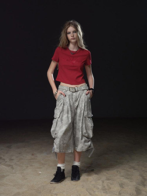 wear And tear Camouflage Multi-pocket Drawstring Rivet Women's Cotton Wide-leg Pants