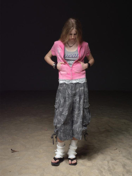 wear And tear Camouflage Multi-pocket Drawstring Rivet Women's Cotton Wide-leg Pants