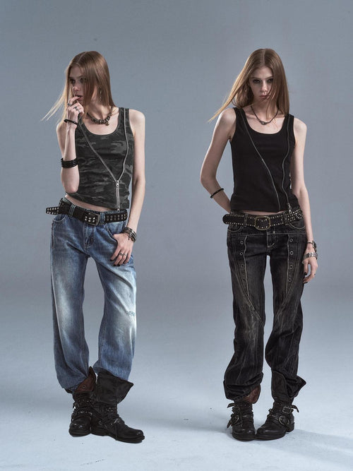 wear And tear Camouflage Print Asymmetric Zip Two Way Slim Fit Women's Tank Tops
