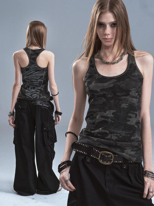 wear And tear Camouflage Print Back Line Fitted Punk High Stretch U Neck Women's Cotton Tank Tops