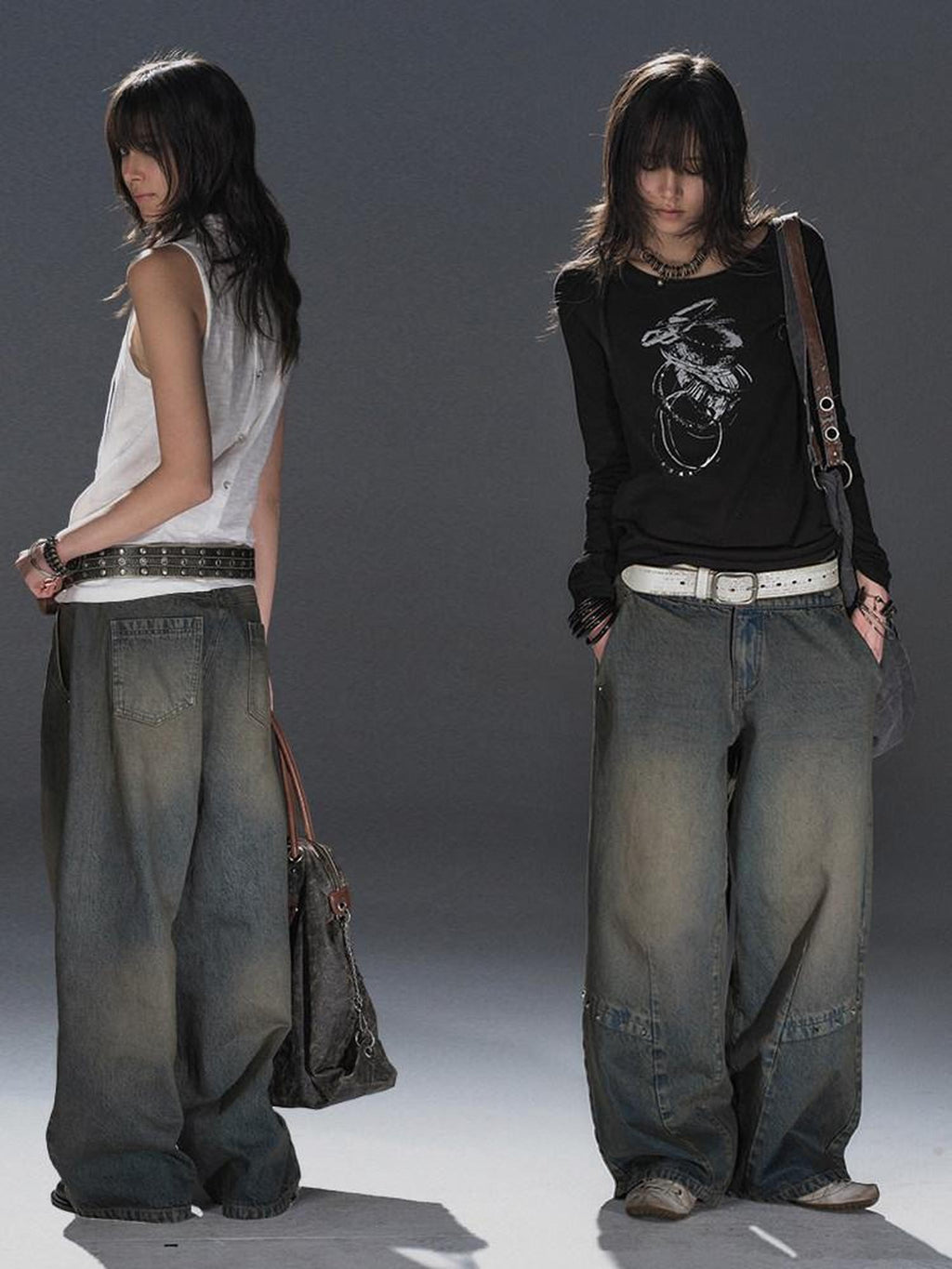 wear And tear Dirty Blue Studded Distressed Punk Women's Denim Wide-leg Jeans