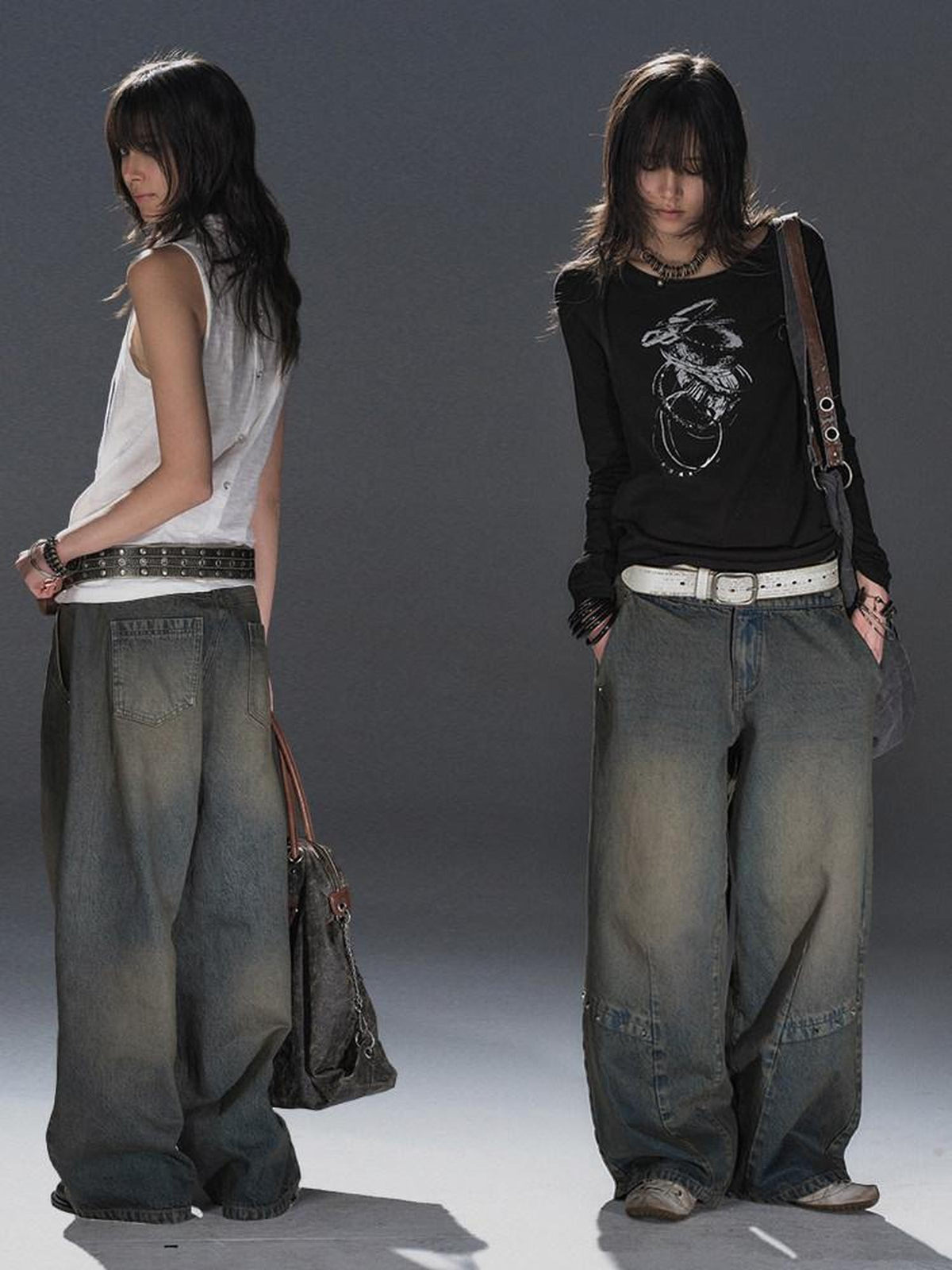 wear And tear Dirty Blue Studded Distressed Punk Women's Denim Wide-leg Jeans
