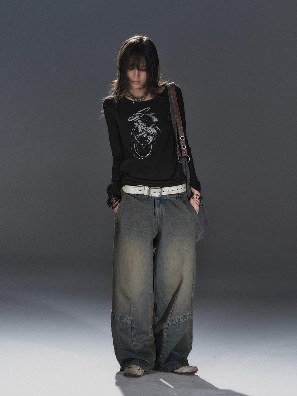 wear And tear Dirty Blue Studded Distressed Punk Women's Denim Wide-leg Jeans