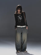 wear And tear Dirty Blue Studded Distressed Punk Women's Denim Wide-leg Jeans