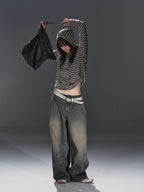 wear And tear Dirty Blue Studded Distressed Punk Women's Denim Wide-leg Jeans