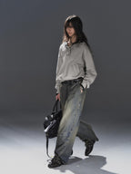 wear And tear Dirty Blue Studded Distressed Punk Women's Denim Wide-leg Jeans