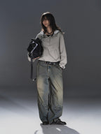 wear And tear Dirty Blue Studded Distressed Punk Women's Denim Wide-leg Jeans