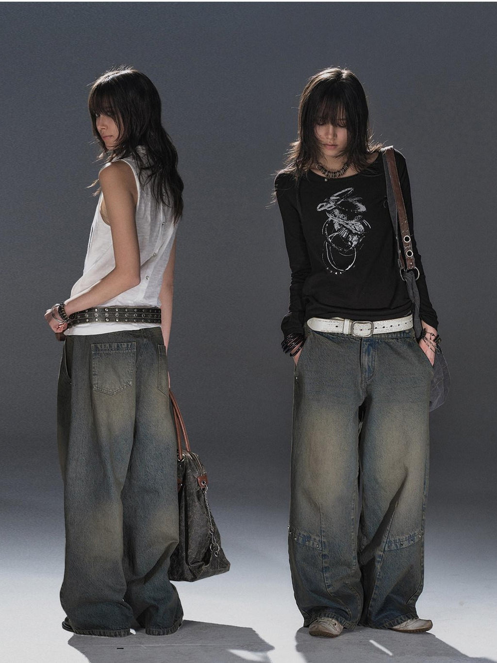wear And tear Dirty Blue Studded Distressed Punk Women's Denim Wide-leg Jeans
