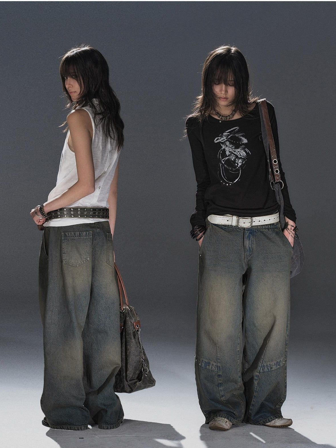 wear And tear Dirty Blue Studded Distressed Punk Women's Denim Wide-leg Jeans
