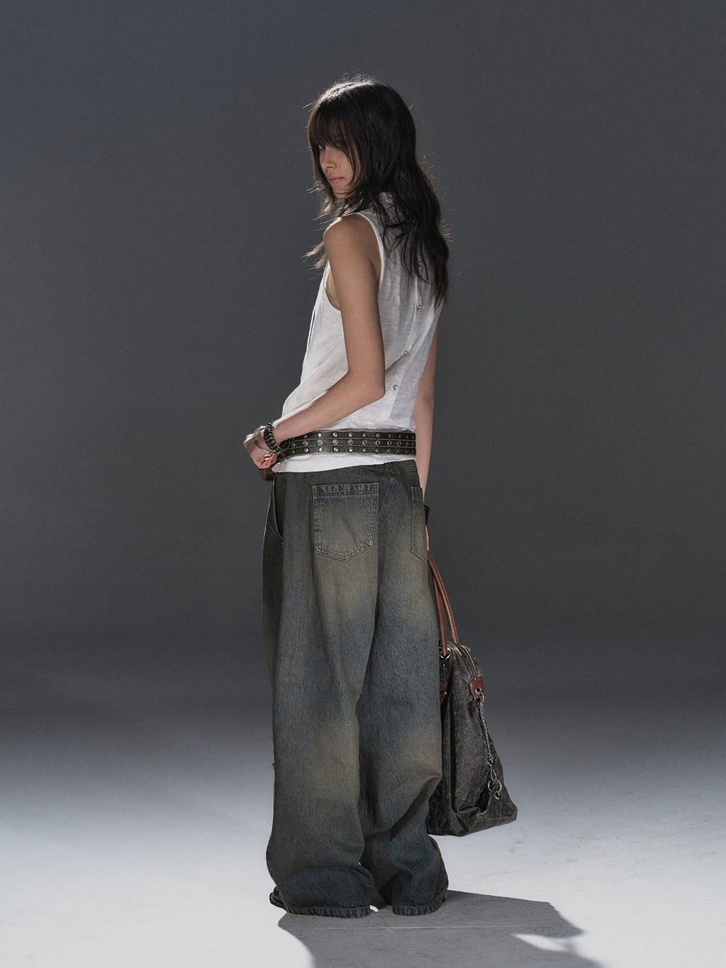 wear And tear Dirty Blue Studded Distressed Punk Women's Denim Wide-leg Jeans