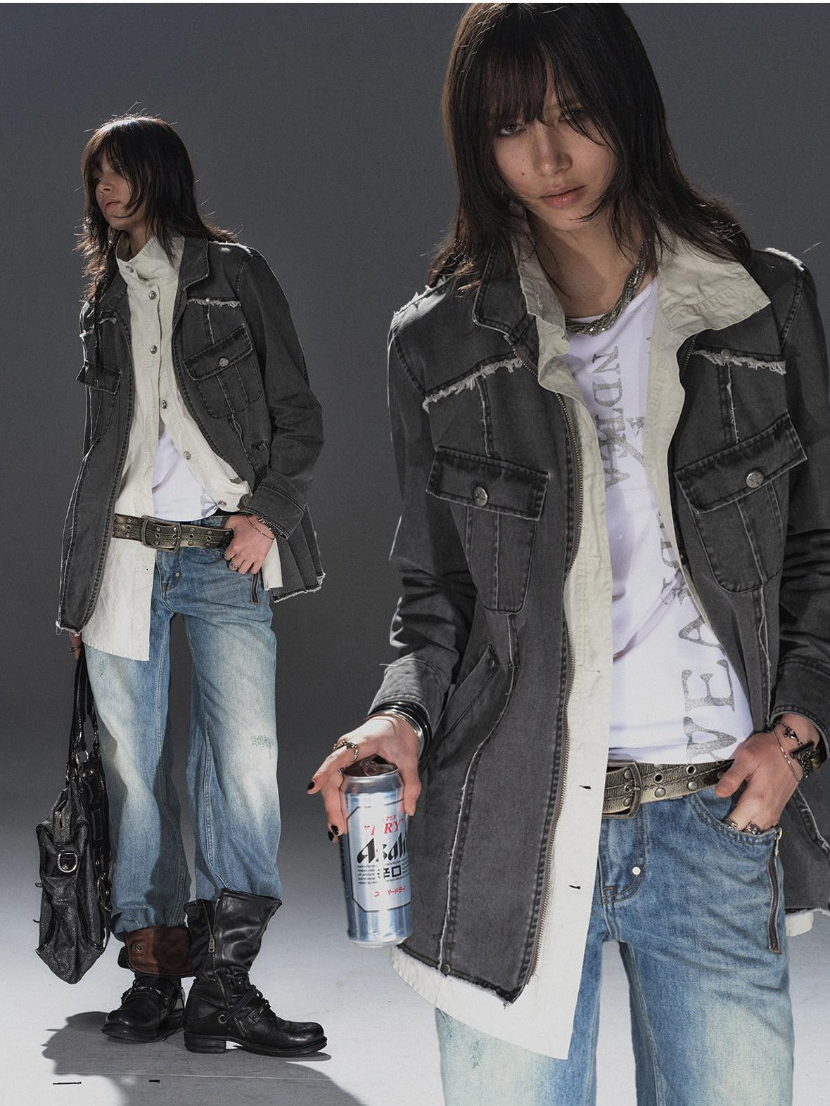 wear And tear Distressed Studded Punk Color Block Faux Two Piece Women's Cotton Trench Coats