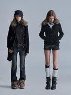 wear And tear Faux Fur Collar Asymmetric Cable Knit Wool Blend Zip Women's Cardigans