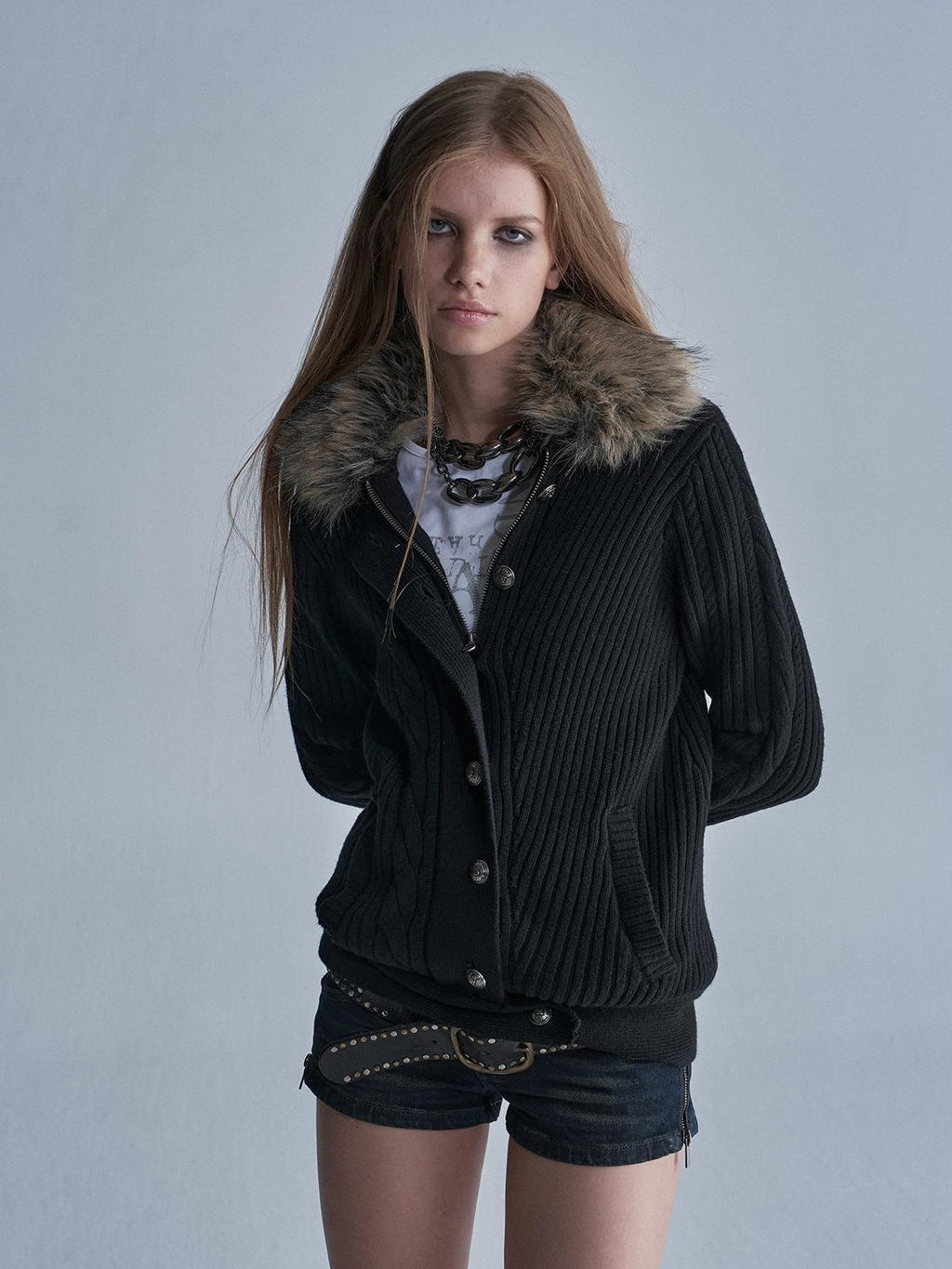 wear And tear Faux Fur Collar Asymmetric Cable Knit Wool Blend Zip Women's Cardigans