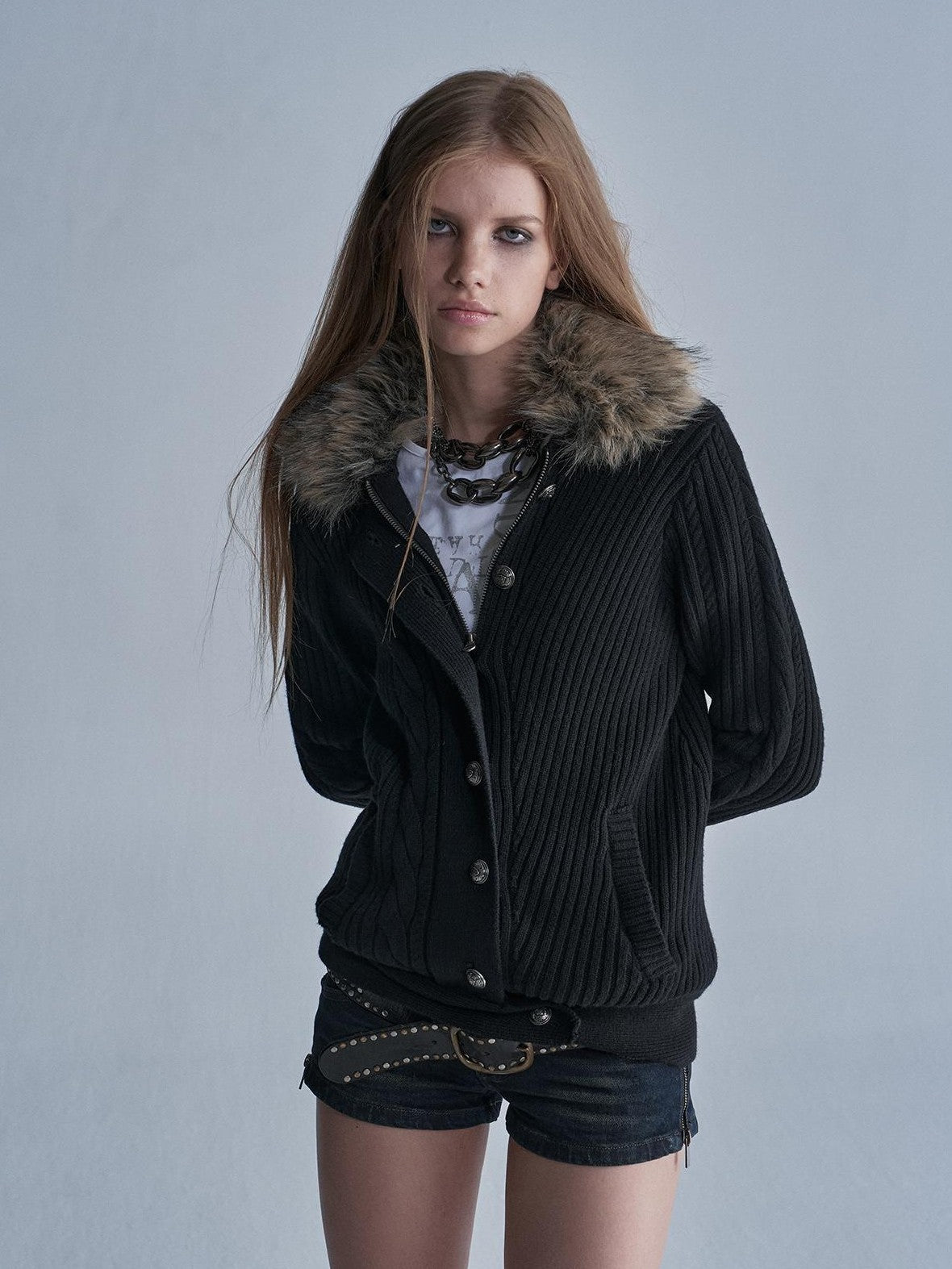 wear And tear Faux Fur Collar Asymmetric Cable Knit Wool Blend Zip Women's Cardigans
