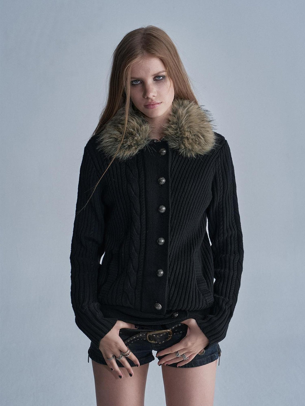 wear And tear Faux Fur Collar Asymmetric Cable Knit Wool Blend Zip Women's Cardigans