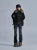 wear And tear Faux Fur Collar Asymmetric Cable Knit Wool Blend Zip Women's Cardigans