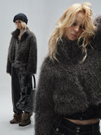 wear And tear Faux Fur Stand Collar Zip Loose Street Punk Women's Polyester Cropped Jackets
