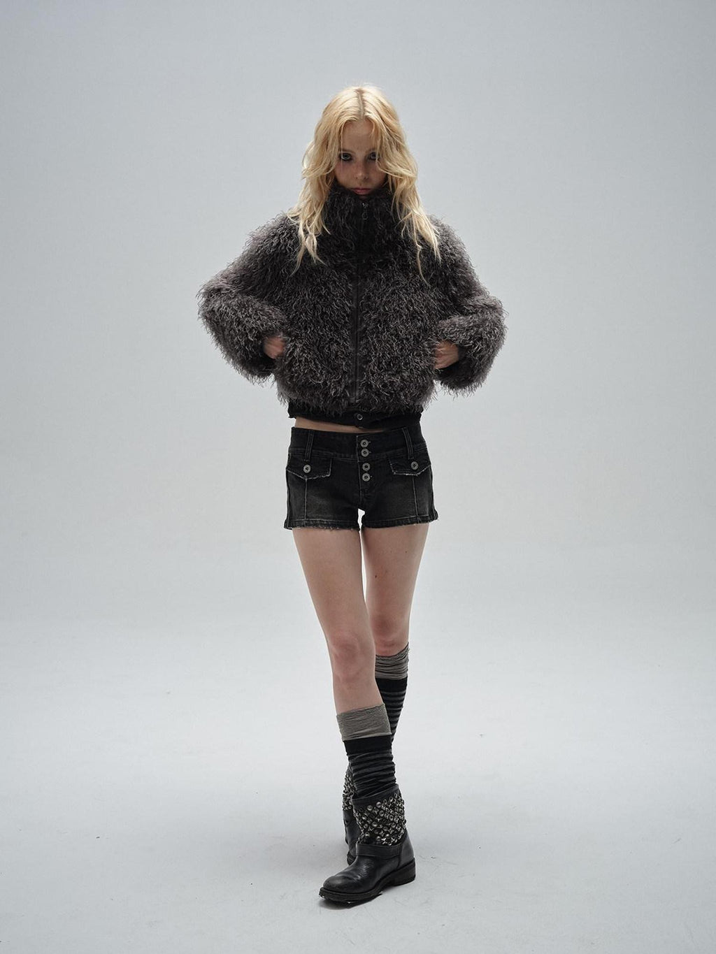 wear And tear Faux Fur Stand Collar Zip Loose Street Punk Women's Polyester Cropped Jackets