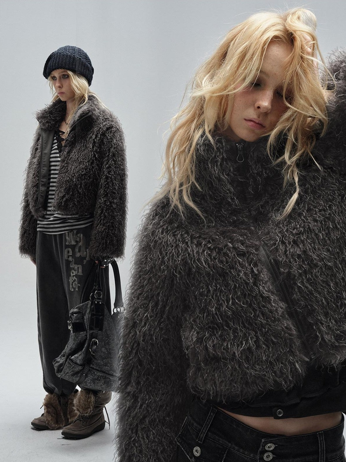 wear And tear Faux Fur Stand Collar Zip Loose Street Punk Women's Polyester Cropped Jackets