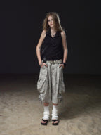 wear And tear Punk Half Button Multi Wear Textured Black Women's Cotton Tank Tops