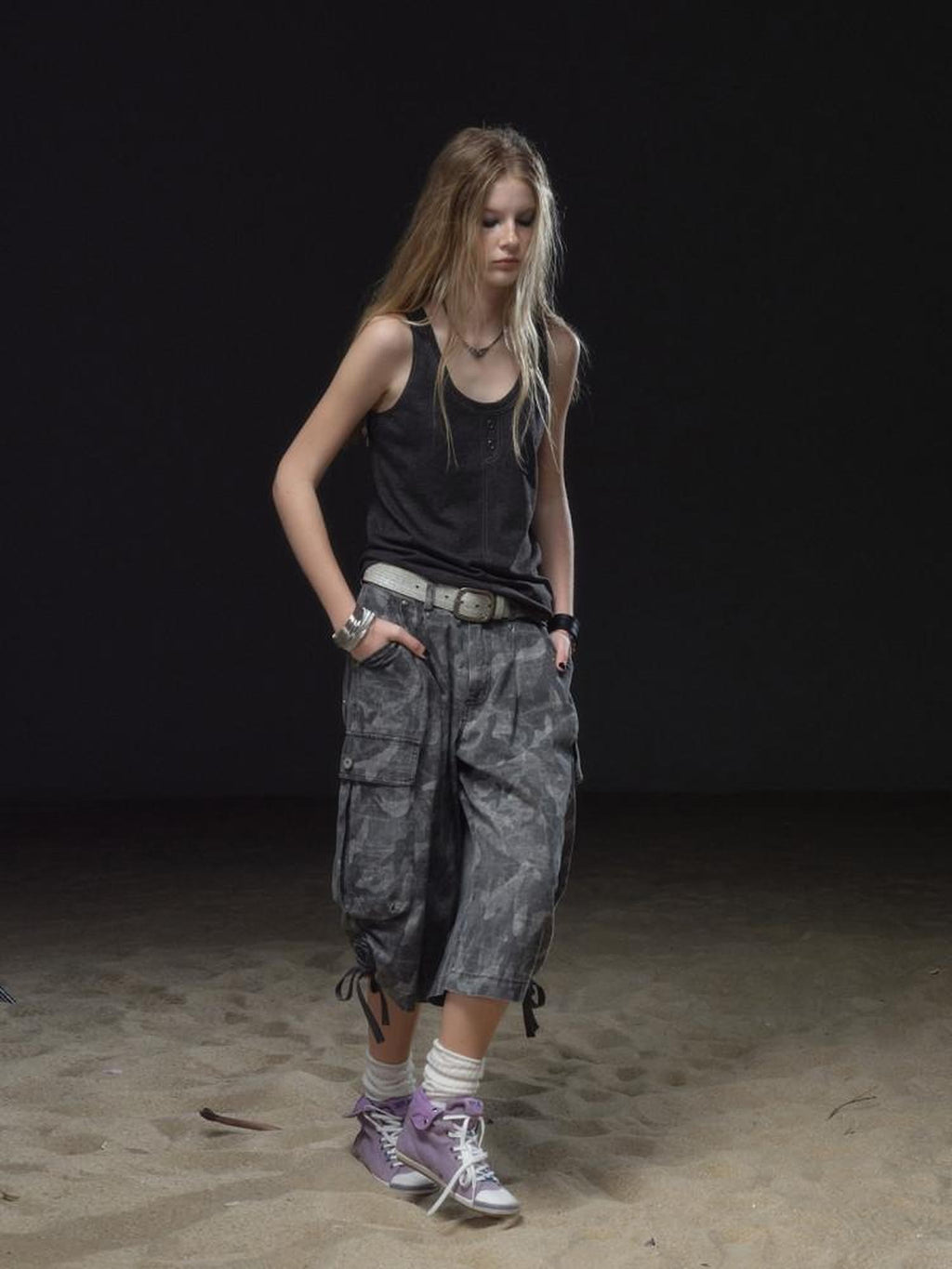 wear And tear Punk Lace Up Contrast Stitch Asymmetric Loose Fit Women's Cotton Tank Tops