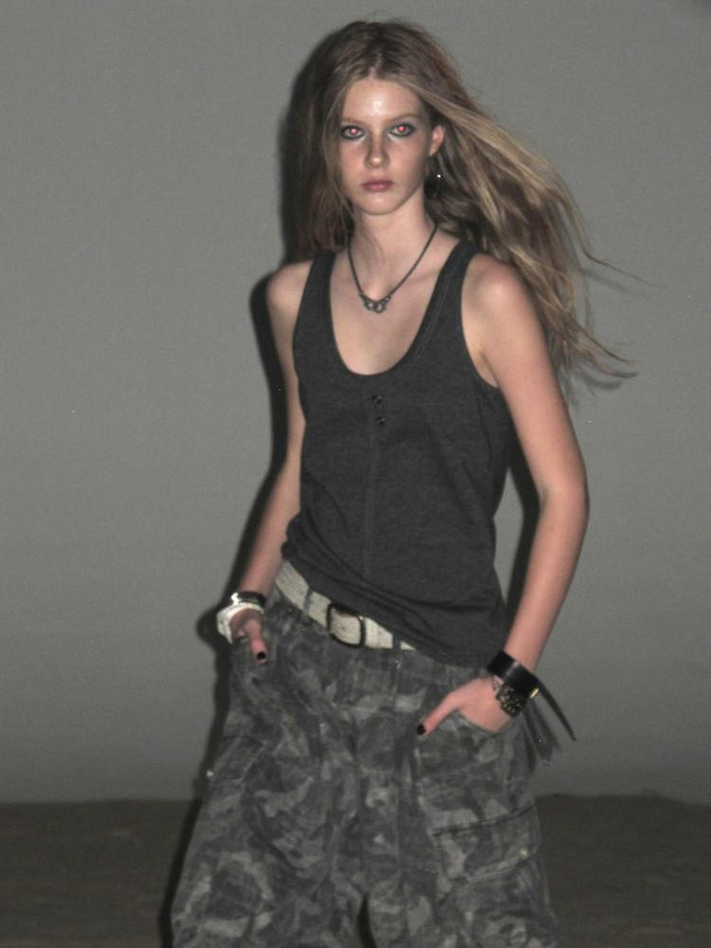wear And tear Punk Lace Up Contrast Stitch Asymmetric Loose Fit Women's Cotton Tank Tops