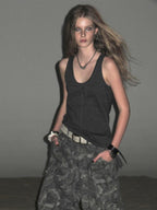wear And tear Punk Lace Up Contrast Stitch Asymmetric Loose Fit Women's Cotton Tank Tops