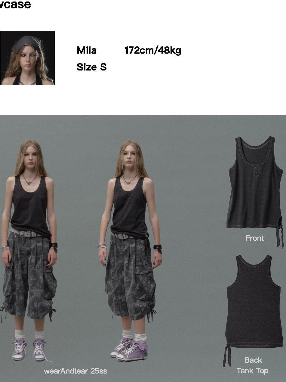 wear And tear Punk Lace Up Contrast Stitch Asymmetric Loose Fit Women's Cotton Tank Tops