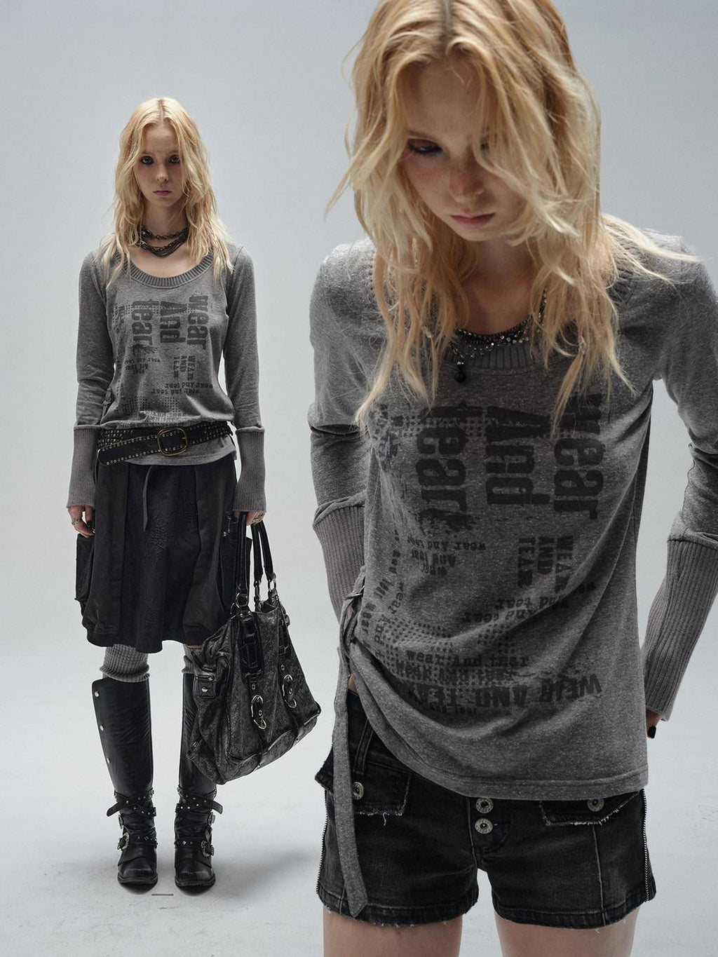 wear And tear Punk Splice Print Drawstring Hem Women's Cotton Long Sleeve T-shirts