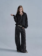 wear And tear Punk Studded Stand Collar Half Zip Loose Cotton Women's Sweatshirts