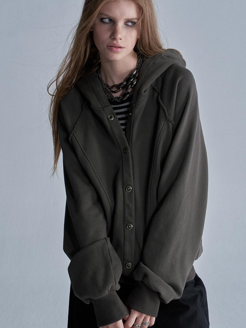 wear And tear Raw Edge Raglan Sleeve Zip Washed Loose Women's Cotton Hoodies