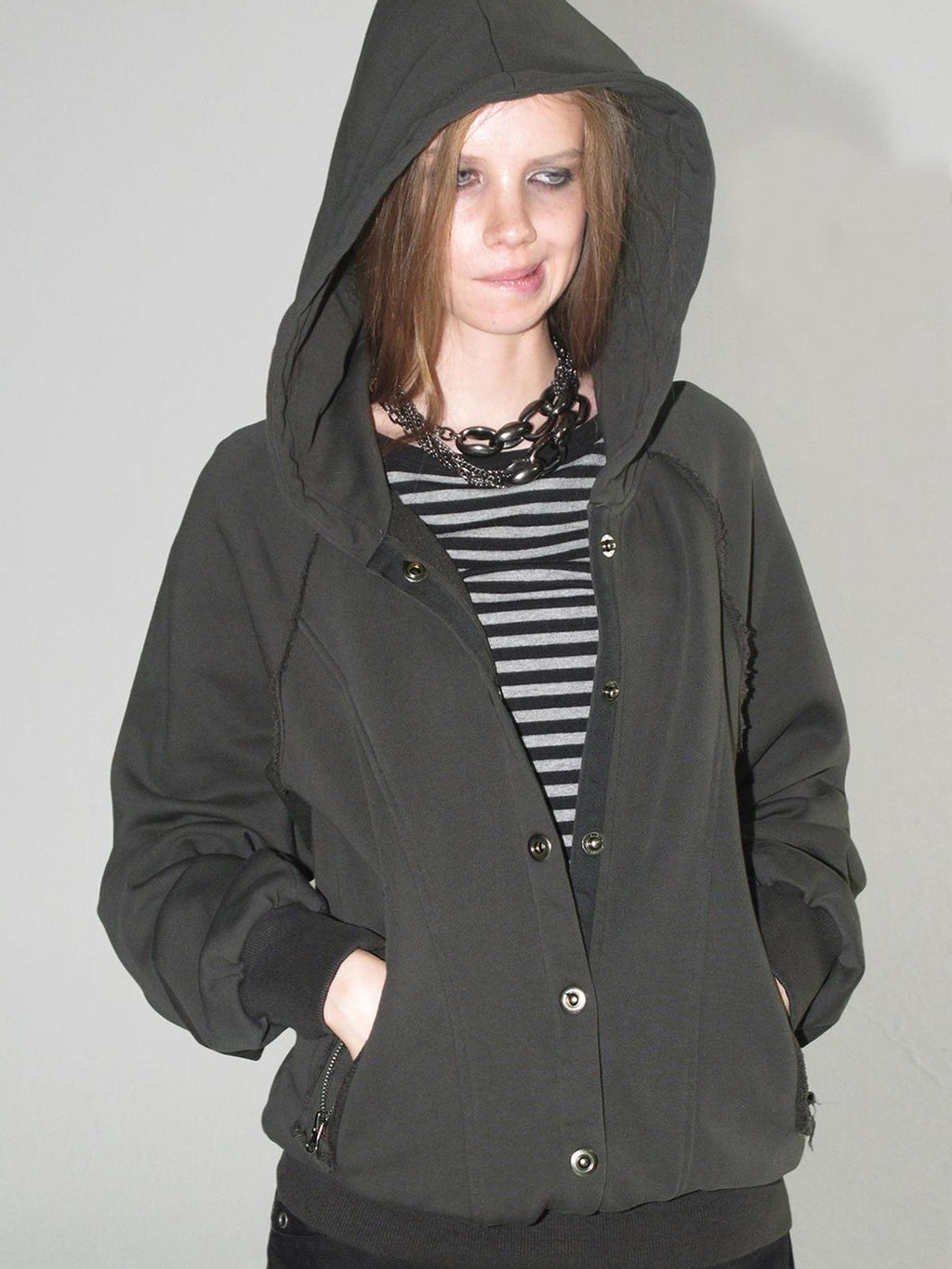 wear And tear Raw Edge Raglan Sleeve Zip Washed Loose Women's Cotton Hoodies