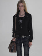 wear And tear Shiny Silver Print Faux Two Piece Stand Collar Zip Punk Women's Cotton Long Sleeve T-shirts
