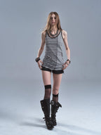wear And tear Striped Asymmetric Ribbon Trim Slit Hem Women's Cotton Tank Tops