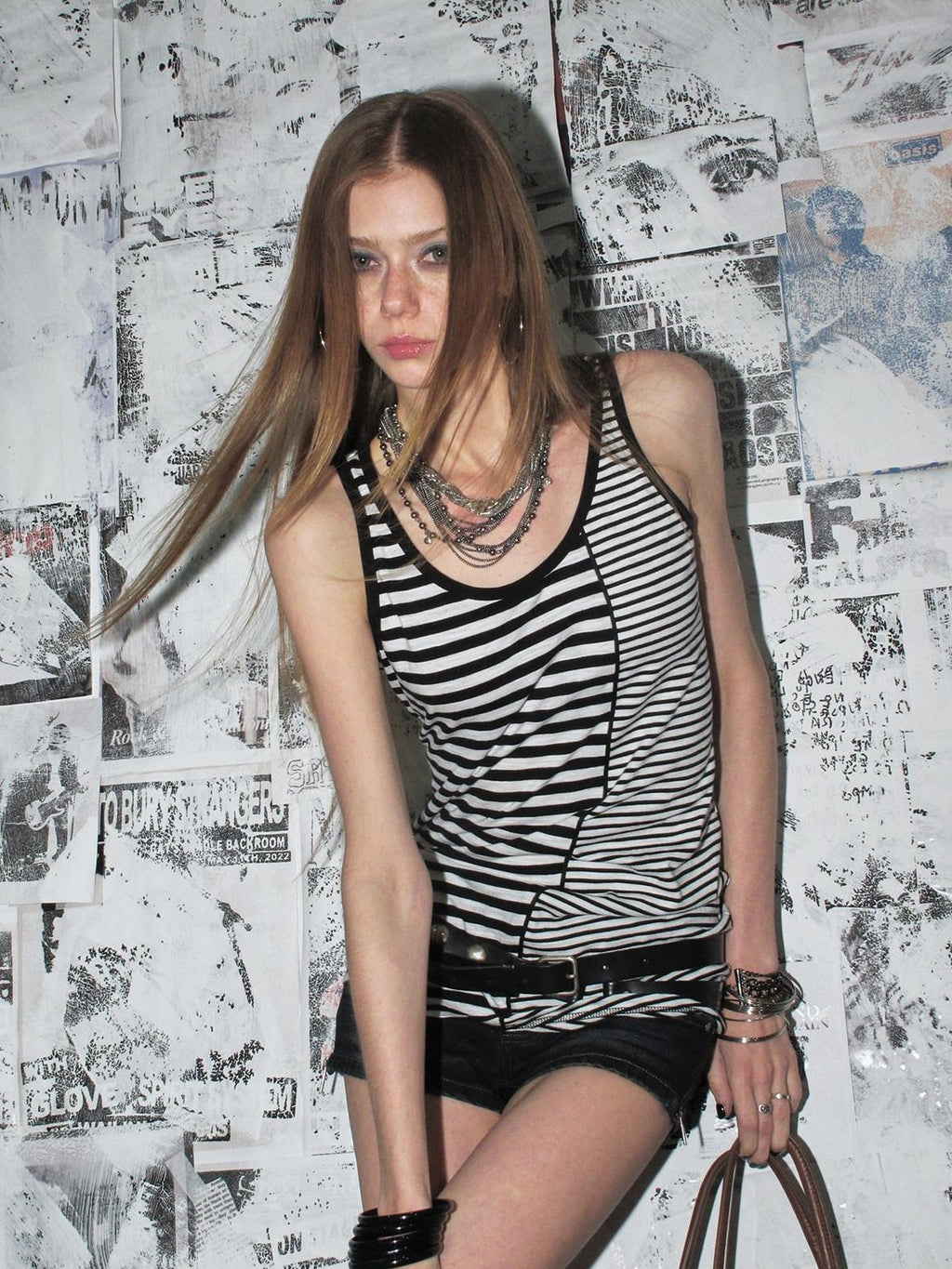 wear And tear Striped Asymmetric Ribbon Trim Slit Hem Women's Cotton Tank Tops