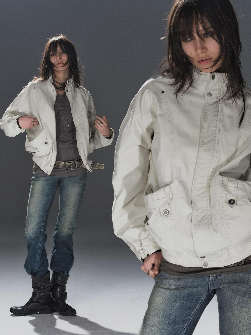 wear And tear Studded Washed Deconstructed Punk Loose Fit Cotton Women's Utility Jackets