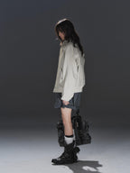 wear And tear Studded Washed Deconstructed Punk Loose Fit Cotton Women's Utility Jackets