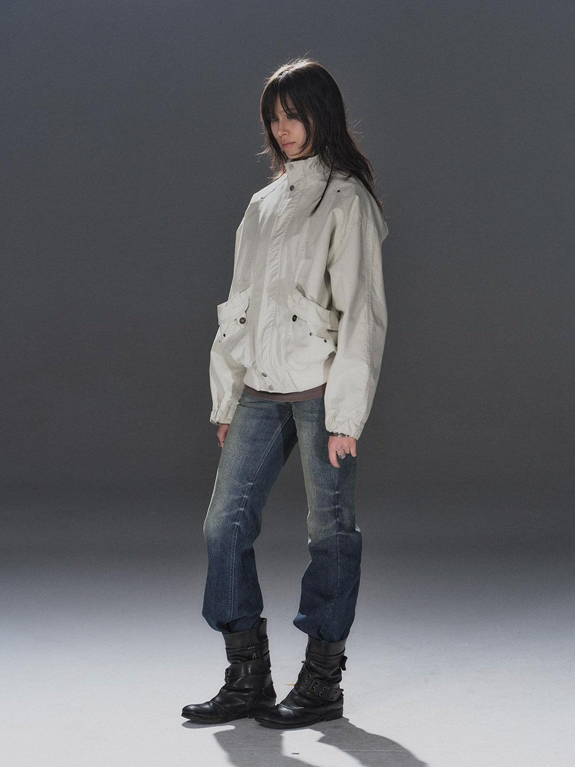 wear And tear Studded Washed Deconstructed Punk Loose Fit Cotton Women's Utility Jackets