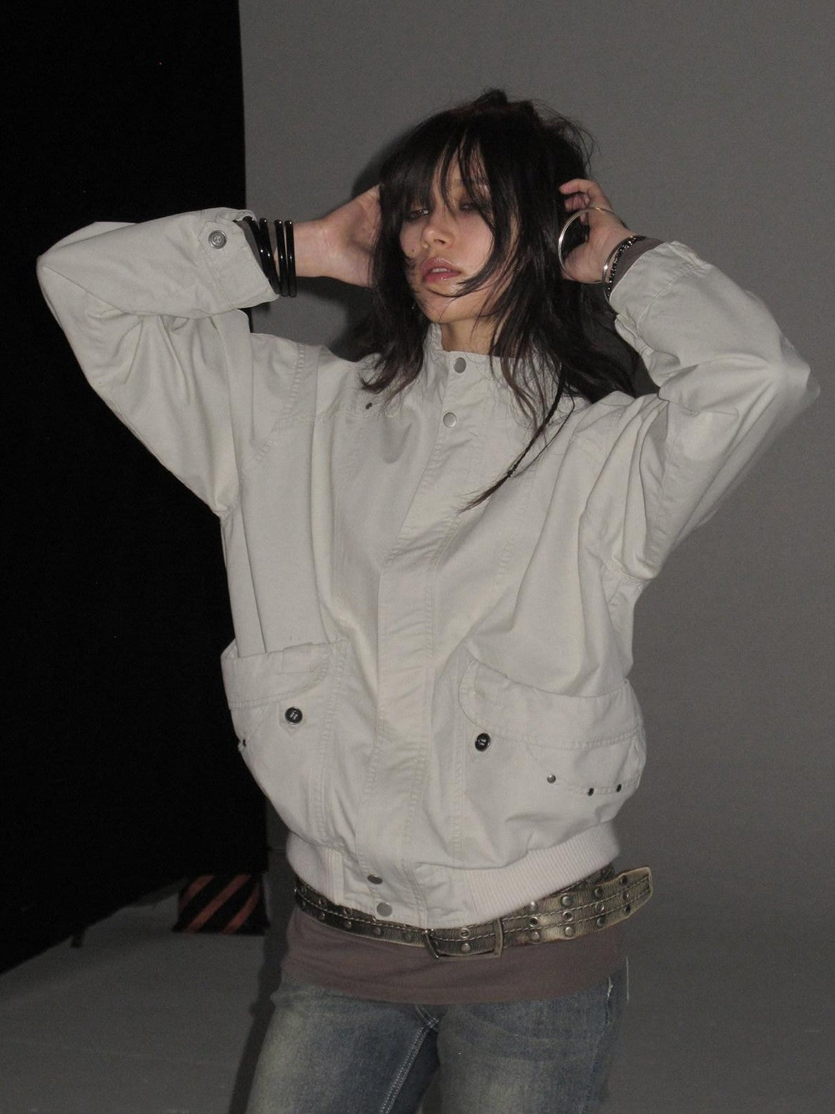 wear And tear Studded Washed Deconstructed Punk Loose Fit Cotton Women's Utility Jackets