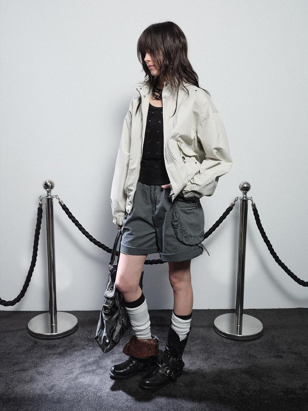 wear And tear Studded Washed Deconstructed Punk Loose Fit Cotton Women's Utility Jackets