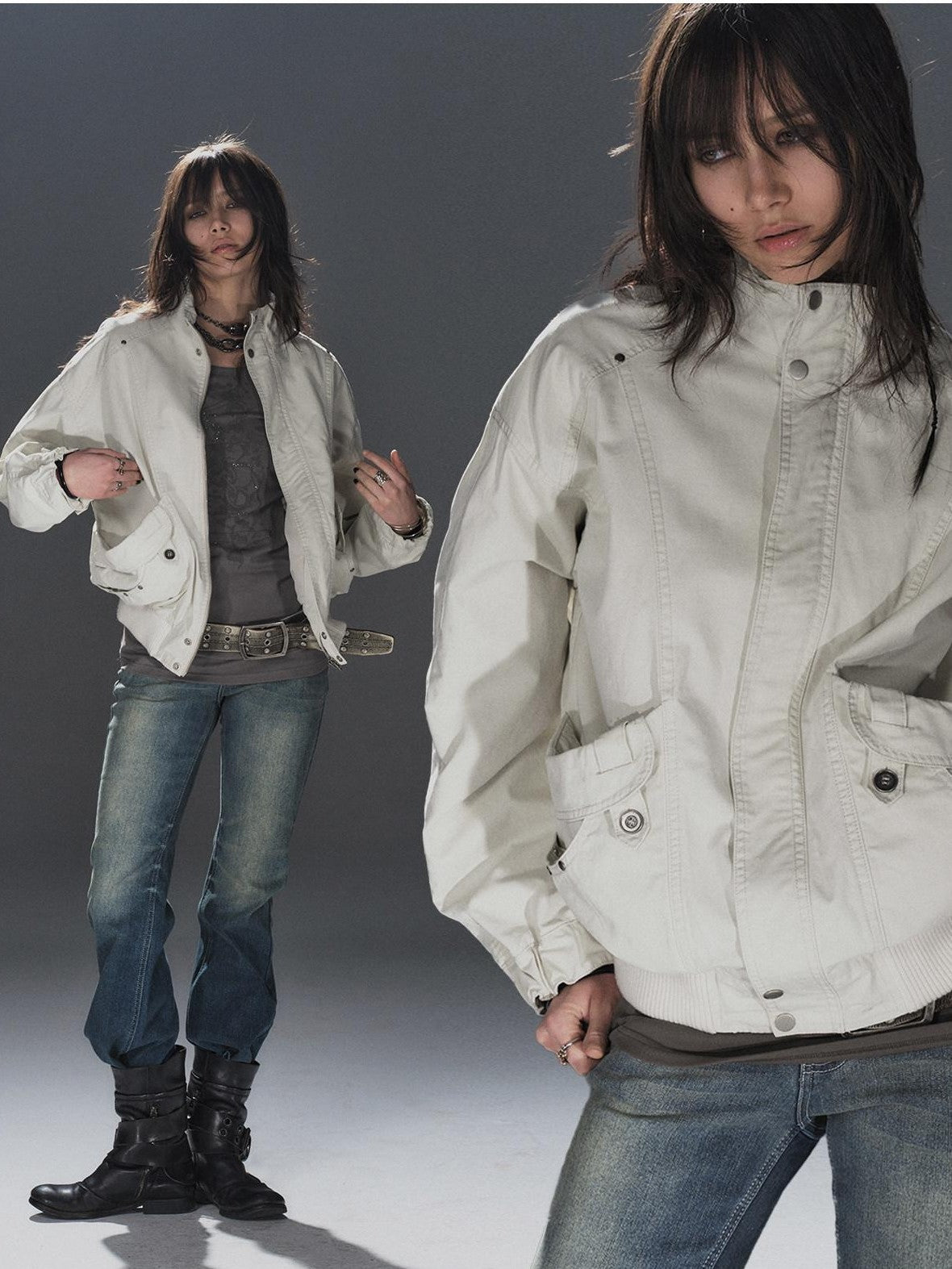wear And tear Studded Washed Deconstructed Punk Loose Fit Cotton Women's Utility Jackets