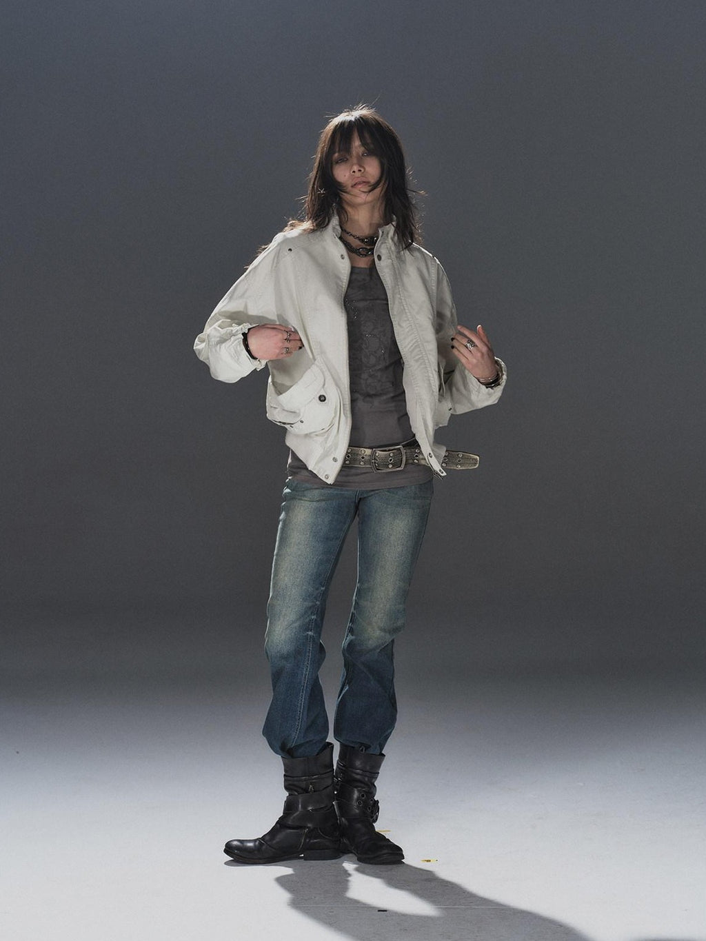 wear And tear Studded Washed Deconstructed Punk Loose Fit Cotton Women's Utility Jackets