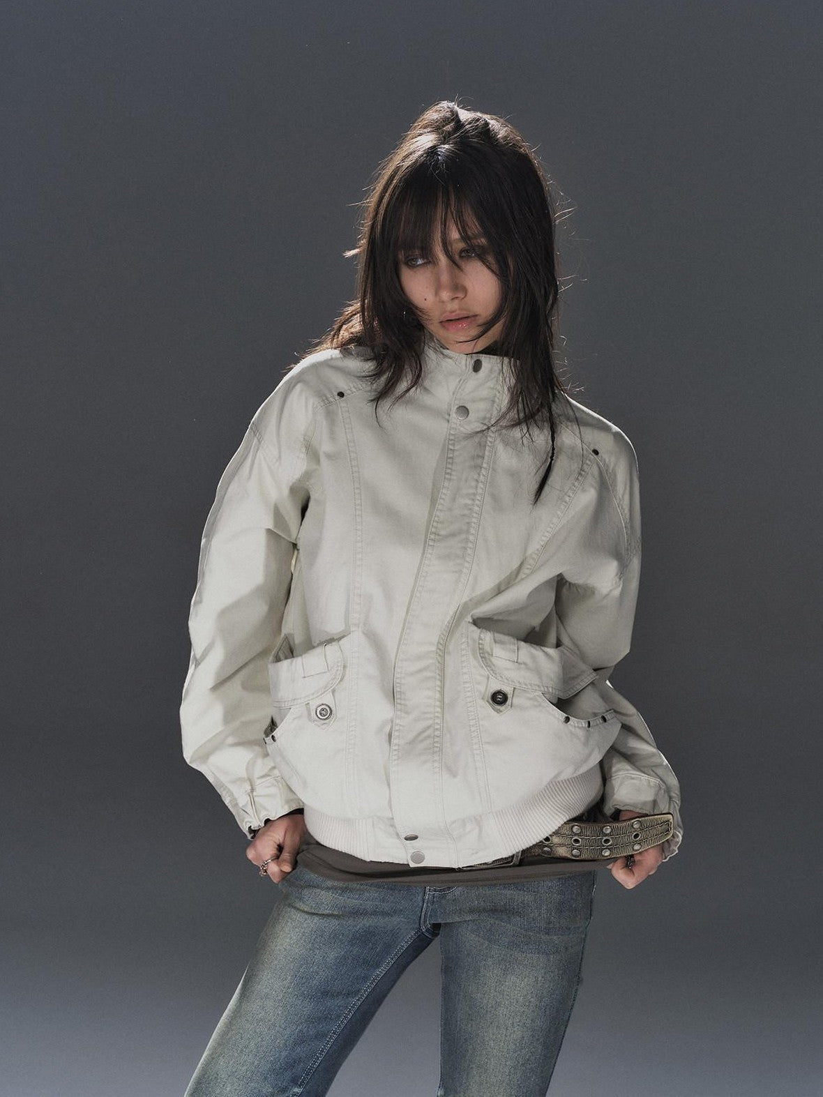 wear And tear Studded Washed Deconstructed Punk Loose Fit Cotton Women's Utility Jackets
